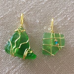 Hand Crafted 2 Pendants Green Gold Toned